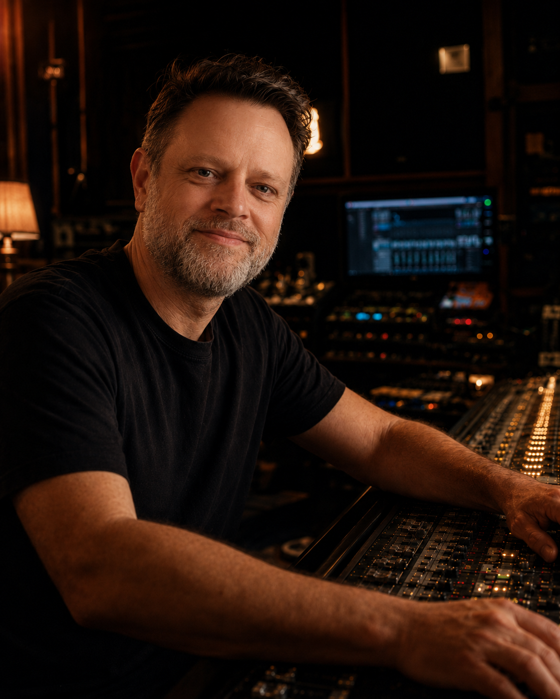 A man with a beard and short hair smiling at the camera in a dimly lit studio surrounded by music production equipment including a large mixing console and computer screens.