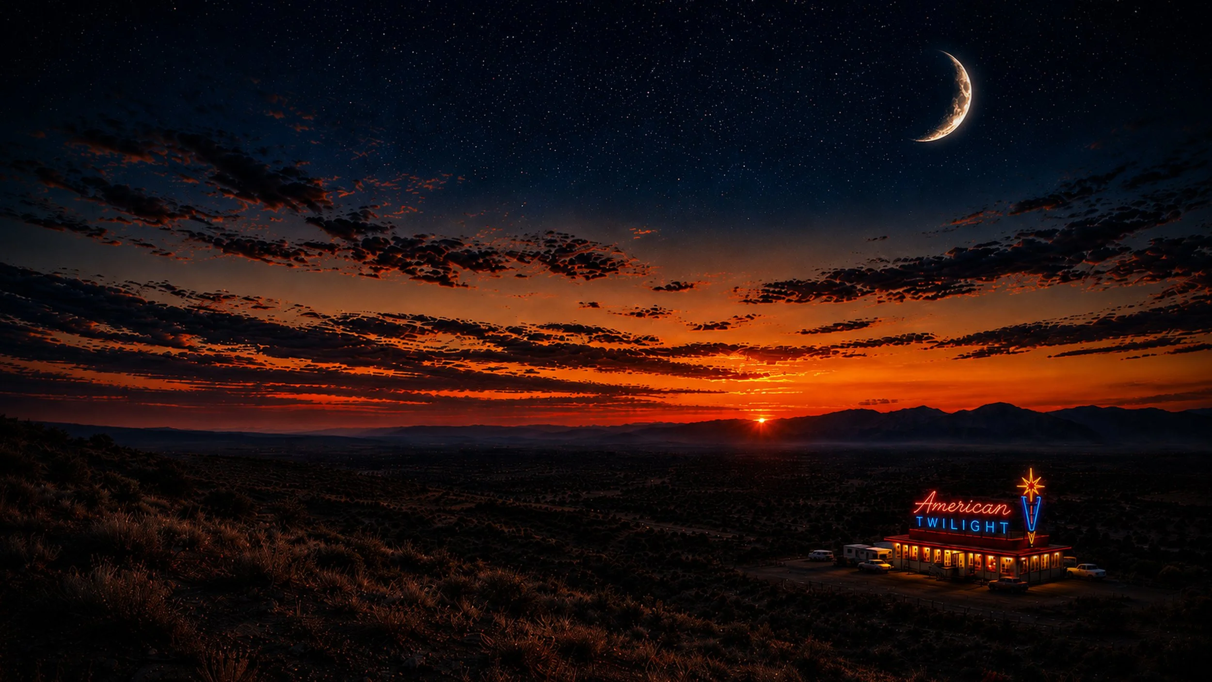 Sunset over desert landscape with layered clouds, a crescent moon in the night sky, and a neon sign for American Twilight in the foreground.
