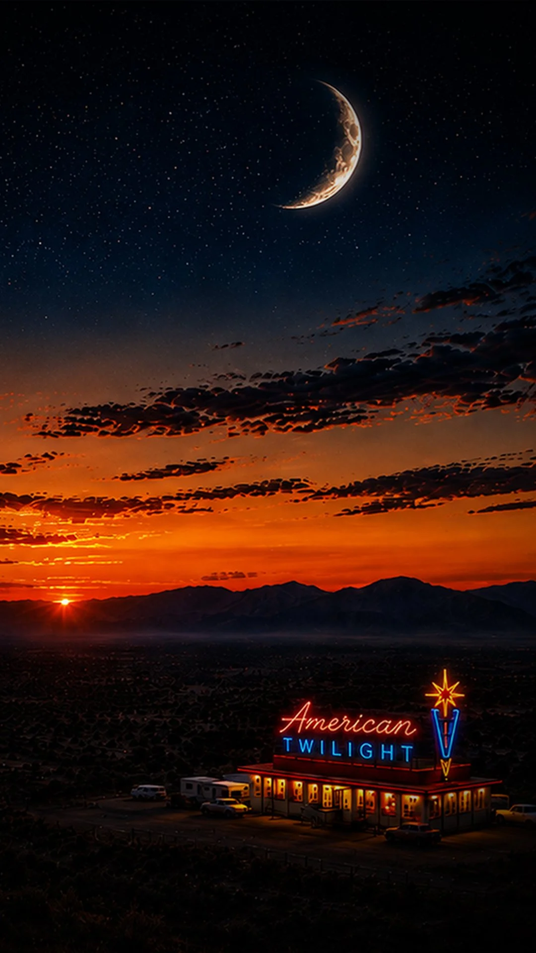 A desert landscape at sunset with a neon sign reading 'American Twilight V' in front of a restaurant. The sky is dark with a crescent moon, stars, and colorful clouds.