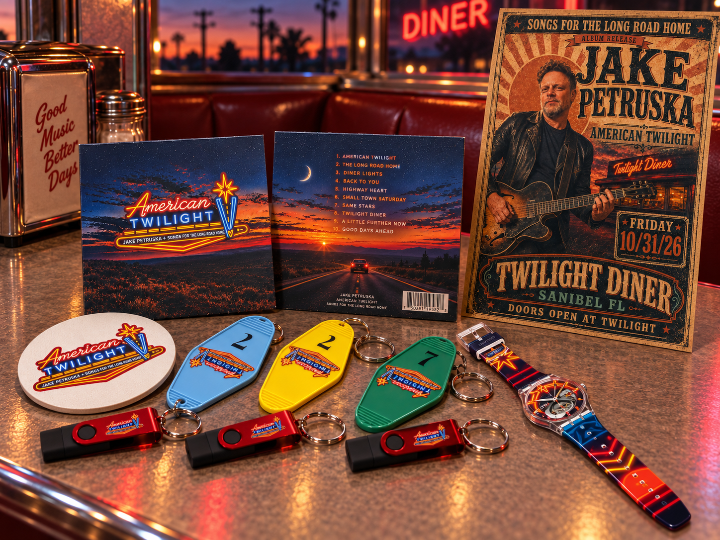 Promotional items for Jake Petruska's music event, including a concert poster, CD album, informational booklet, a wristwatch, three keychains, and a USB drive, all with 'American Twilight' branding, set on a retro diner table with a sunset view and neon lights.