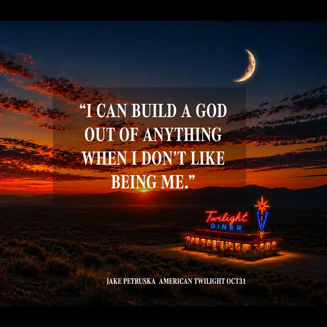 A sunset scene with a large crescent moon in the night sky, orange and dark clouds, and a neon sign for Twilight Diner on a small building in a desert landscape. Overlaid text reads: "I CAN BUILD A GOD OUT OF ANYTHING WHEN I DON'T LIKE BEING ME." attributed to Jake Petruska, American Twilight, October 31.