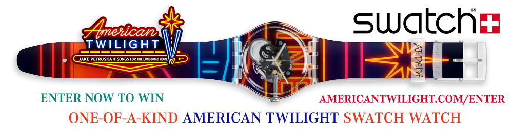 Swatch watch featuring American Twilight theme with neon lights, fireworks, and space motifs, promoting a contest to win a one-of-a-kind watch.