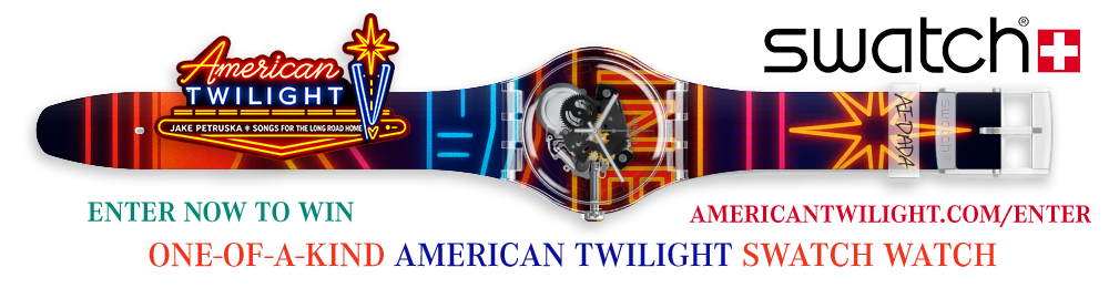 Close-up of a Swatch wristwatch featuring American Twilight theme with neon colors and starburst designs.