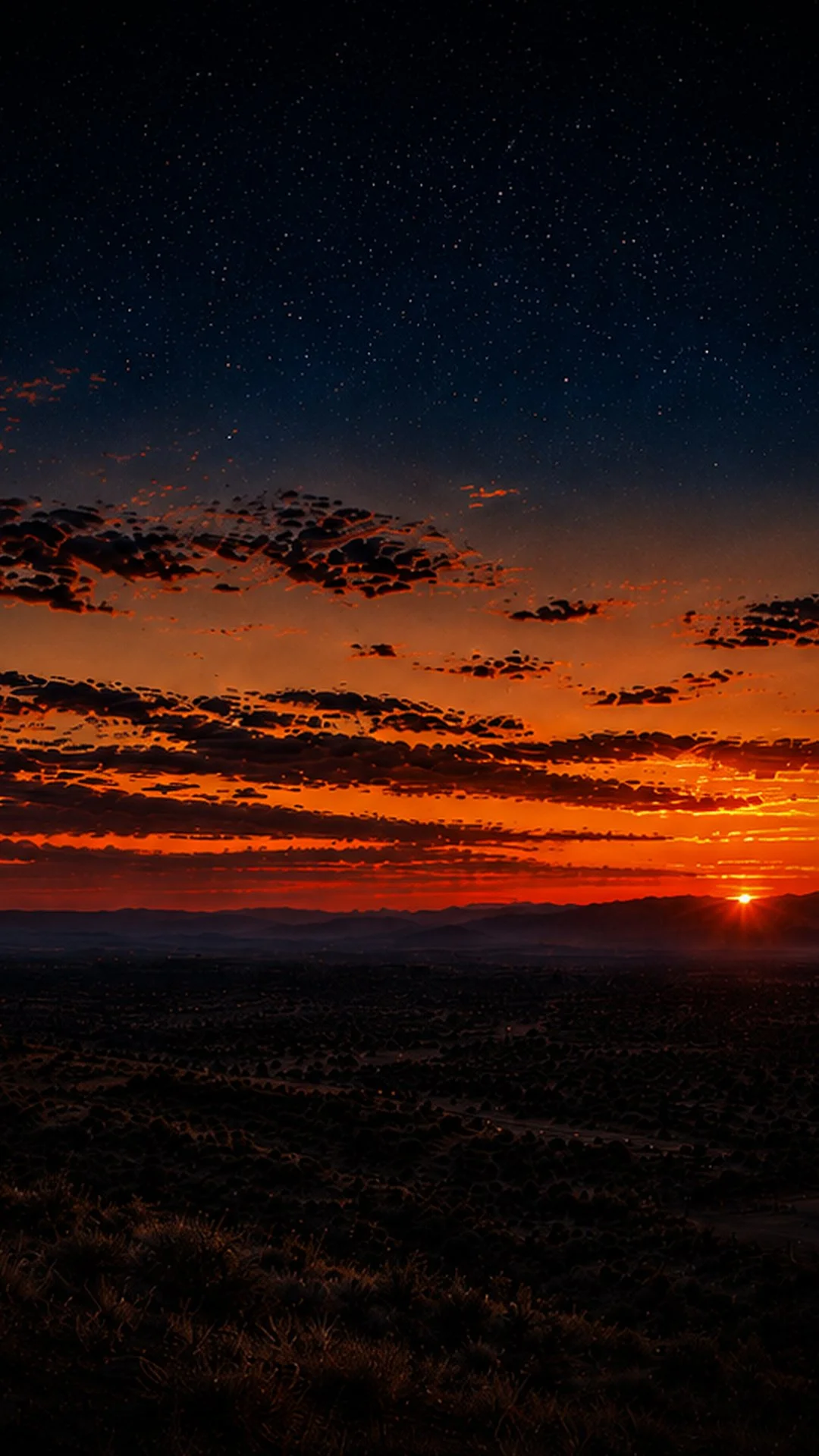 Sunset over a distant mountain range with dark clouds and starry night sky.