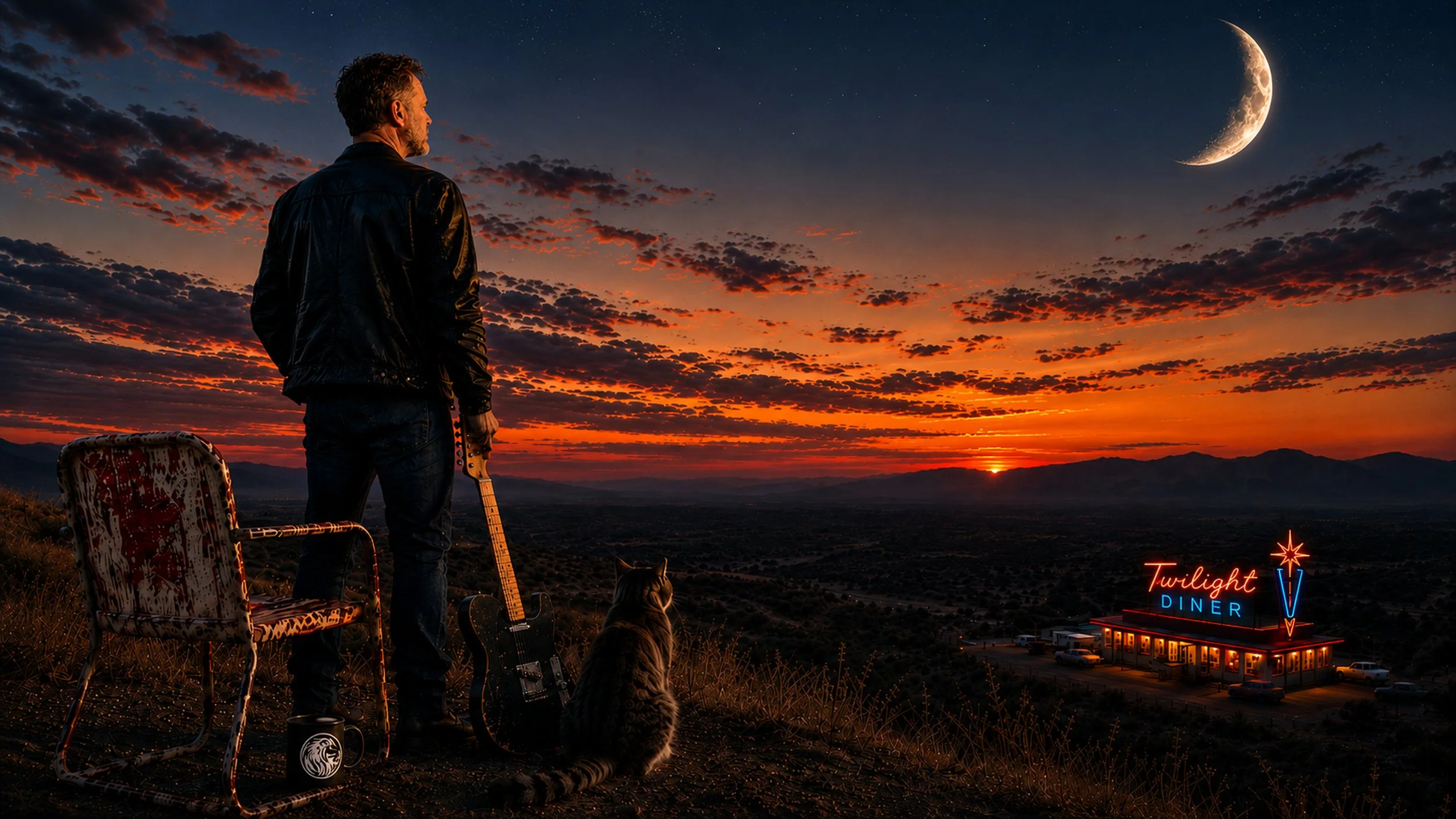 A man with a guitar and a dog sitting on a hilltop during sunset, looking towards the sky with a crescent moon, neon lights for Twilight Diner, and a chair nearby.