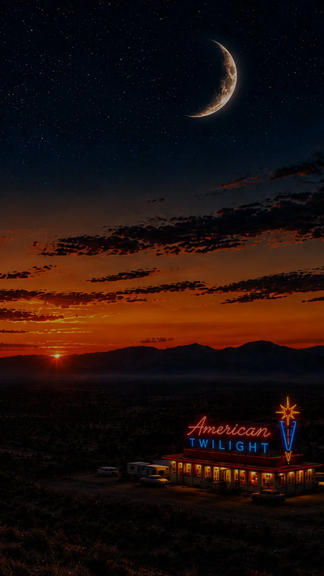 A night sky with stars, a crescent moon, and scattered clouds over a desert landscape. A neon sign reads 'American Twilight' with a starburst design.