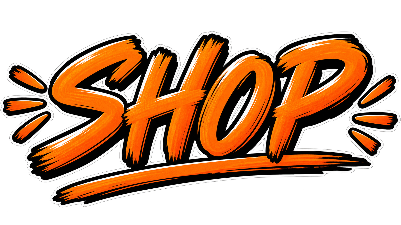 Stylized orange and black comic-style text that reads "SHOP" with dynamic lines and embellishments.