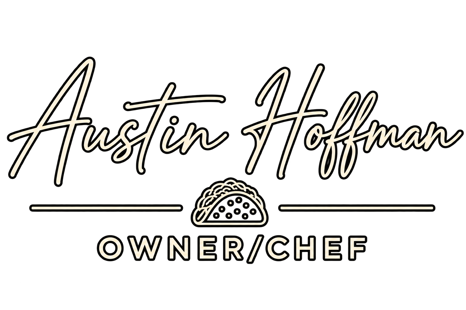 Neon sign displaying the name 'Austin Hoffman' with the words 'owner/chef' below, and a taco illustration in the center.
