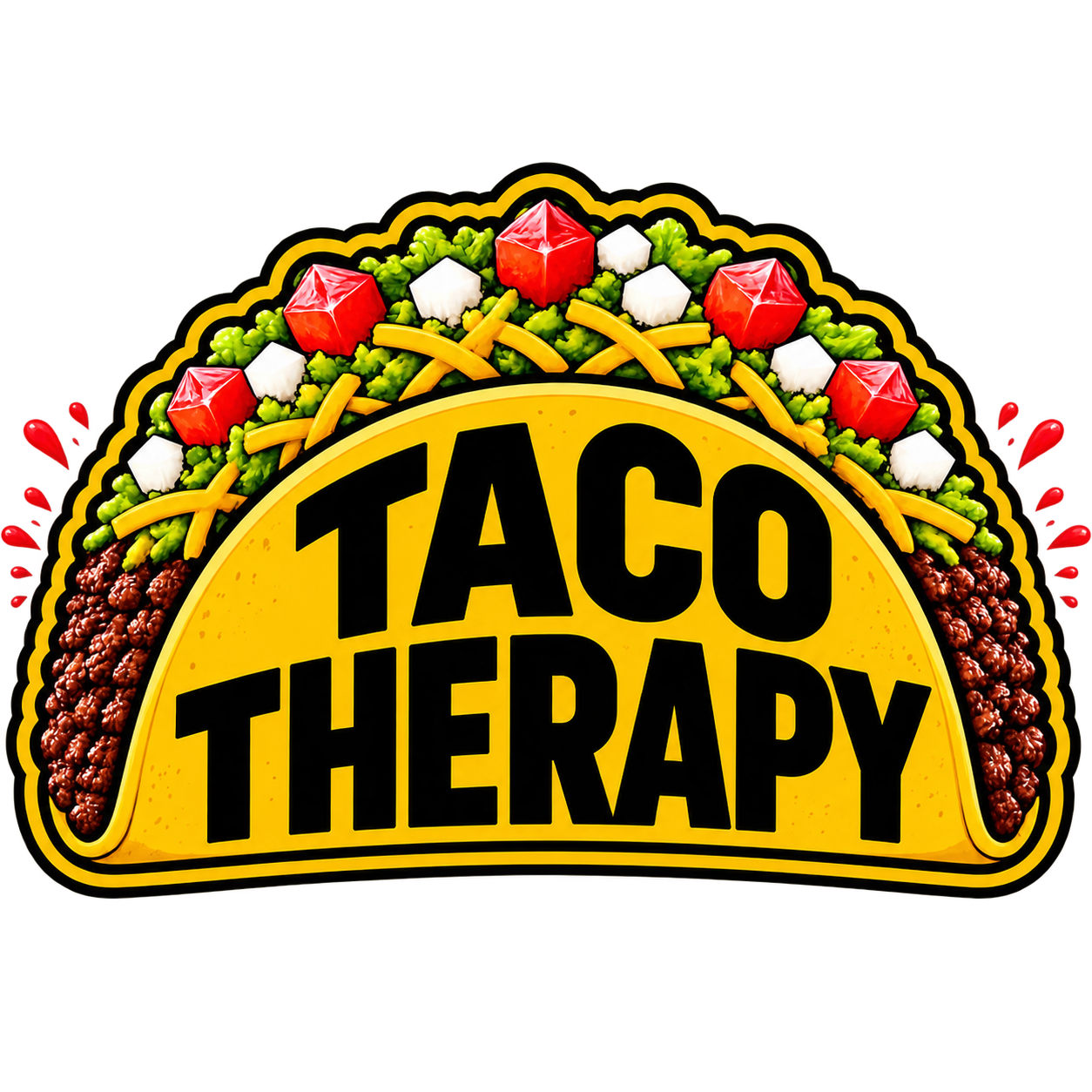A taco with the words "Taco Therapy" on it, decorated with lettuce, cheese, tomatoes, and ground beef.