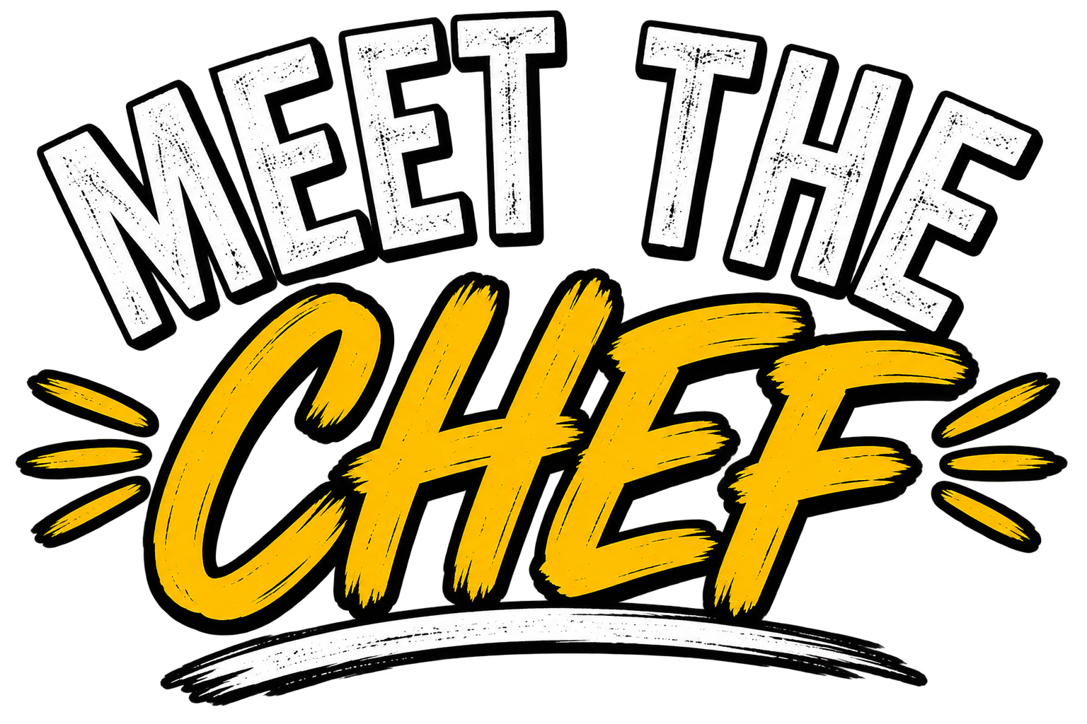 Text graphic that reads 'Meet the CHIEF' in bold, distressed white and yellow fonts with decorative lines on a black background.