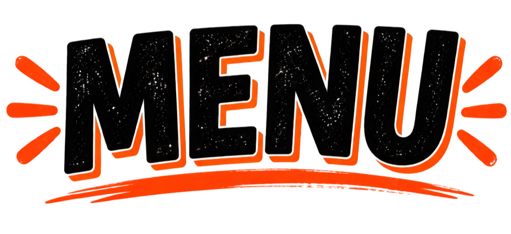 Colorful menu sign with bold black letters spelling 'MENU', highlighted by red-orange accents and a curved red underline.