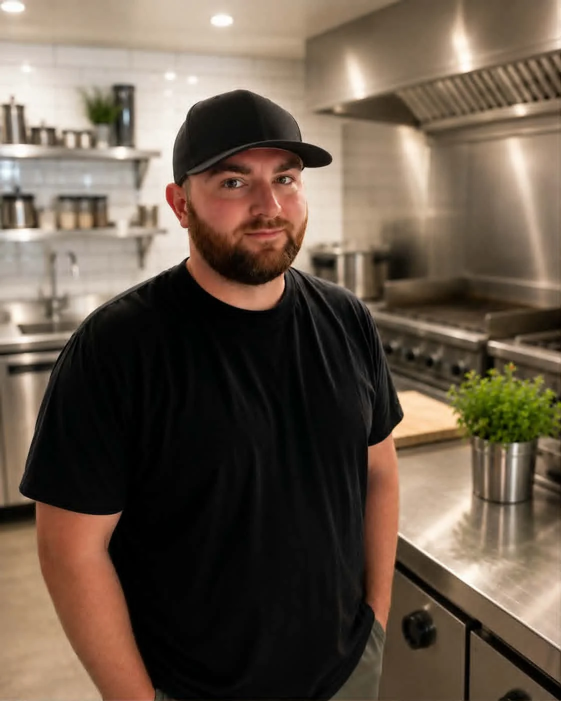 A man with a beard wearing a black baseball cap and black shirt standing in a commercial kitchen with stainless steel appliances and a potted plant on the counter.