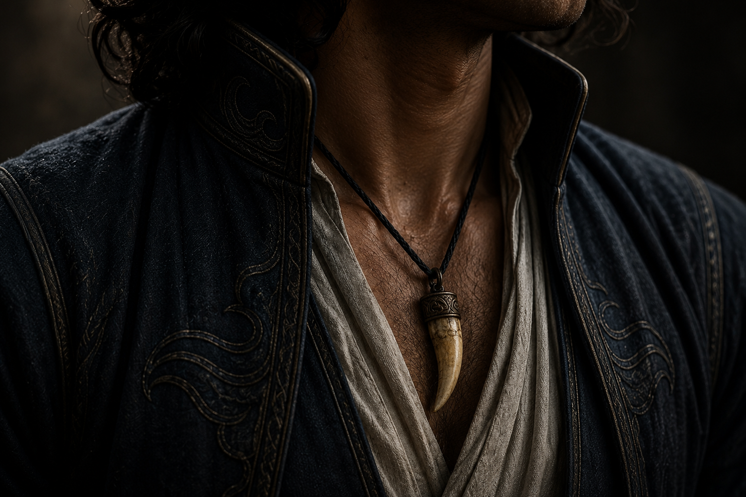 Close-up of a person wearing a dark leather jacket with detailed embroidery, a light-colored shirt, and a necklace with a horn pendant around their neck.