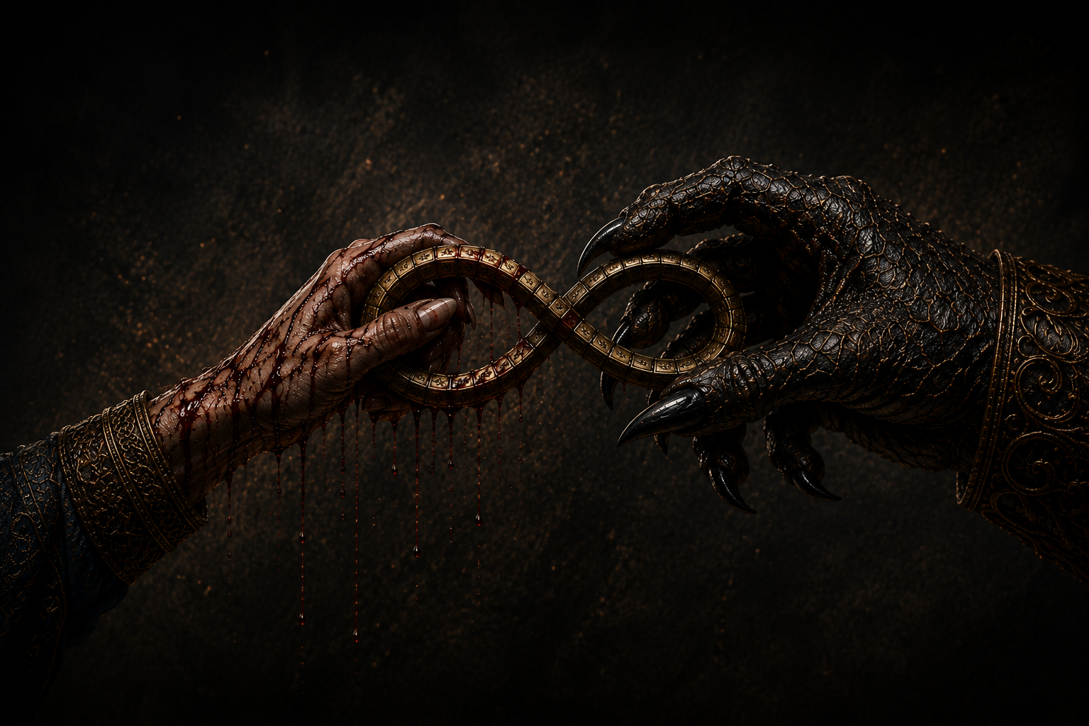 A clawed hand and blood-stained human hand grip an infinity-shapted insignia against a dark background.