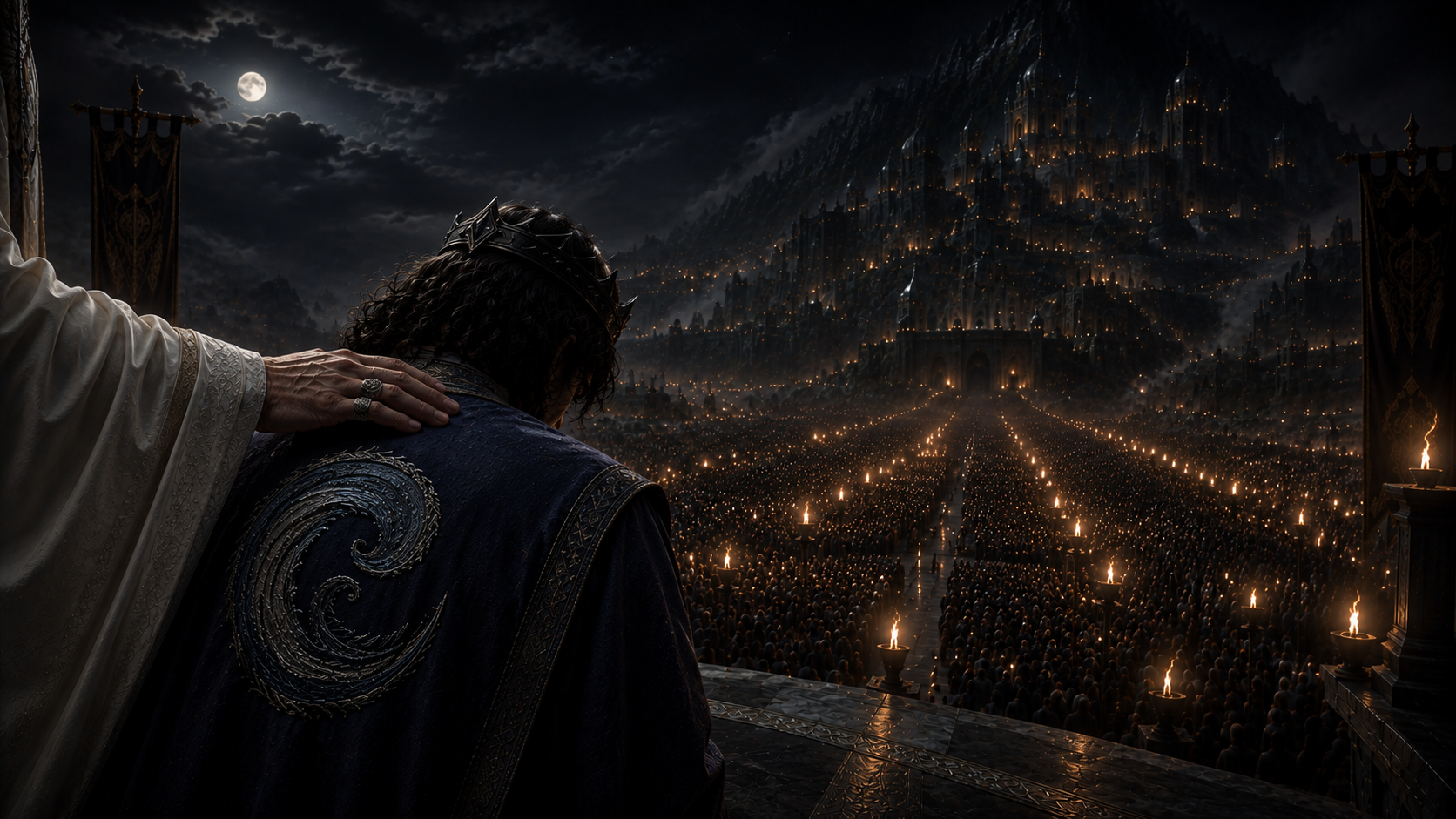 A king with a crown and ornate robes stands on a balcony, receiving a blessing from a figure in a white robe, overlooking a large, illuminated medieval city at night with a full moon in the sky.
