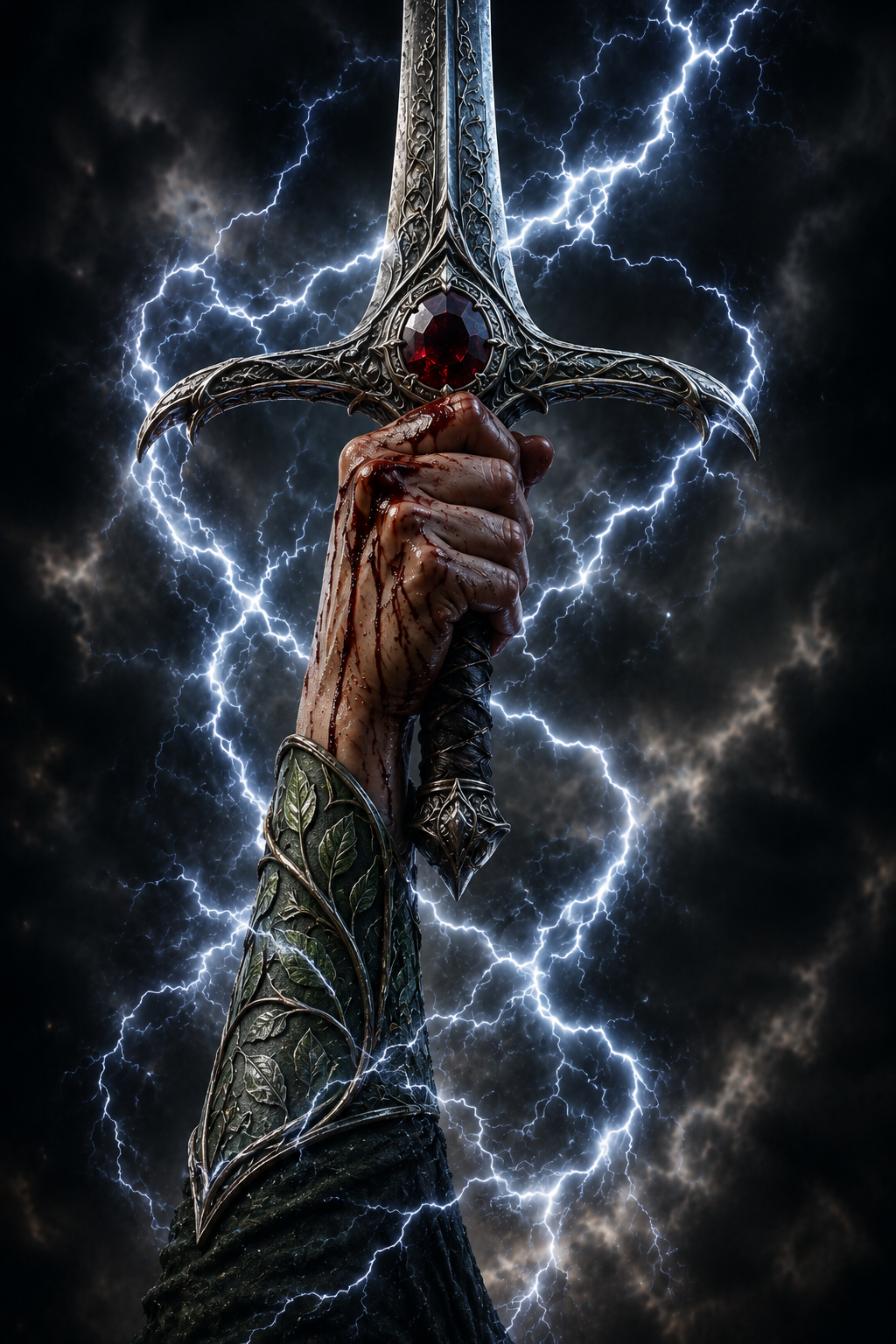 A woman's hand grips an ornate sword with a dark red gemstone as lightning circles her hand and blade.