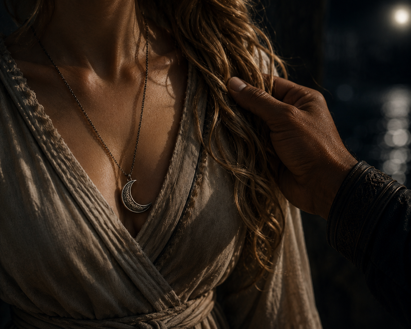 Close-up of a woman wearing a crescent moon necklace as a man's hand lifts the pendant against a dark background