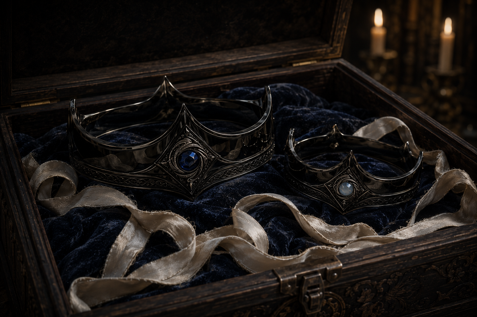 Two ornate metal crowns with blue gemstones in a wooden chest lined with dark velvet and cream-colored ribbon.