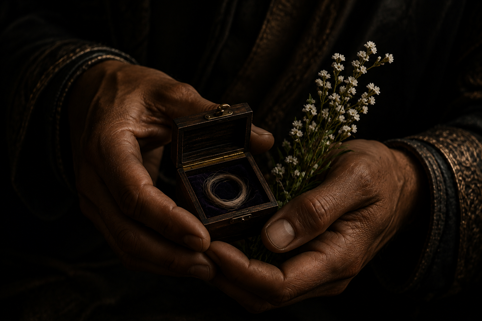 Close-up of hands holding a small wooden box with a ring inside, accompanied by small white flowers