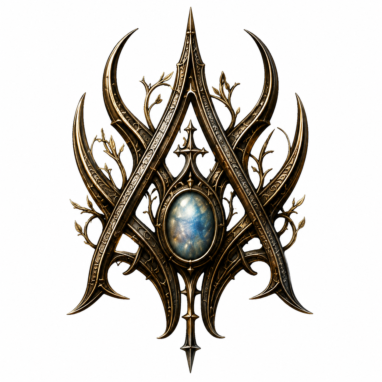 Ornate fantasy emblem with intricate gold metalwork and a central blue gemstone on a white background.