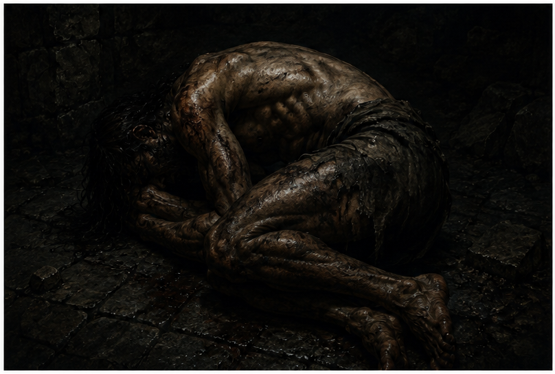 A person covered in mud, curled up on a dark, damp stone floor in a fetal position.