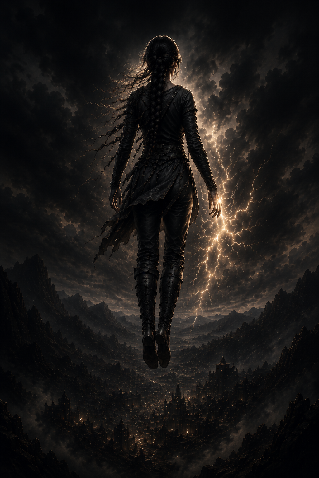 A woman in dark clothing with braided hair floats above a dark, mountainous landscape during a thunderstorm, lightning illuminating the sky behind her.