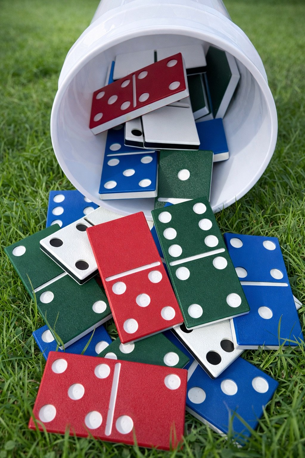 Colorful domino tiles spilling out of a white container onto green grass