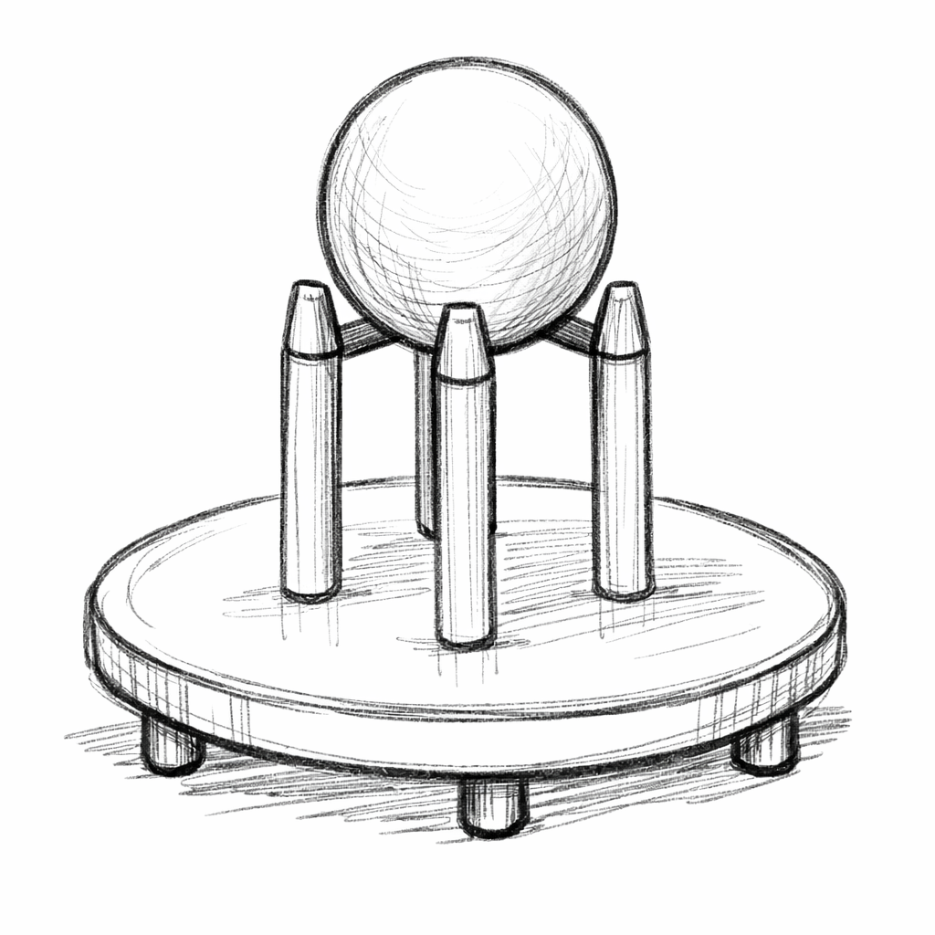 Sketch of a Newton's cradle with a large sphere balanced on three vertical supports on a rounded base.