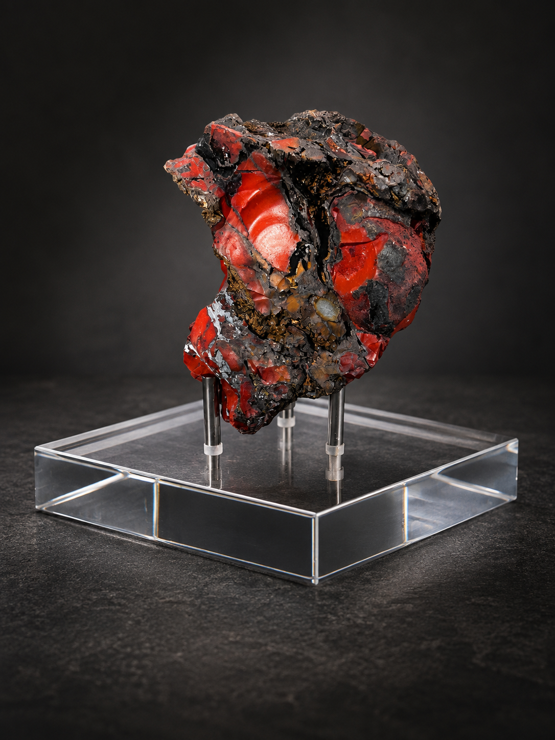 A polished, irregularly shaped rock with red, black, and gray colors, displayed on a clear stand against a dark background.