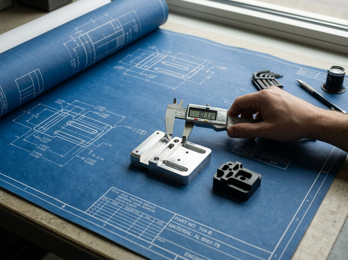 A person using a digital caliper to measure a white mechanical part on a blue technical blueprint.