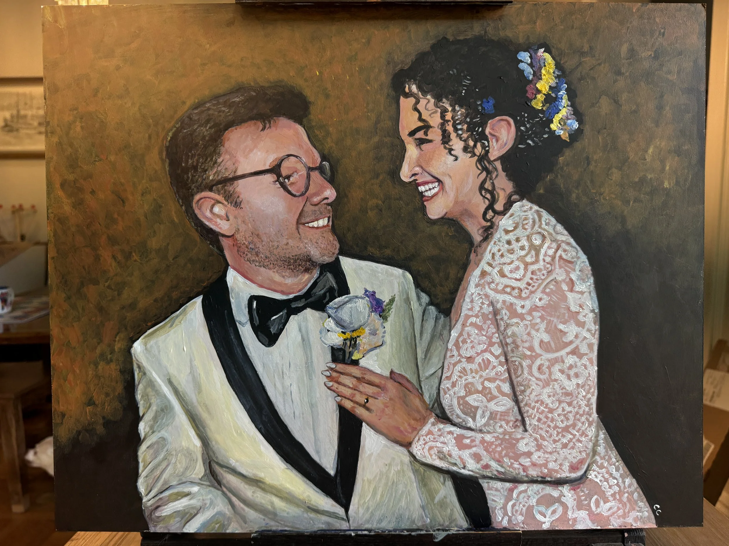 A wedding portrait done of a bride and groom.