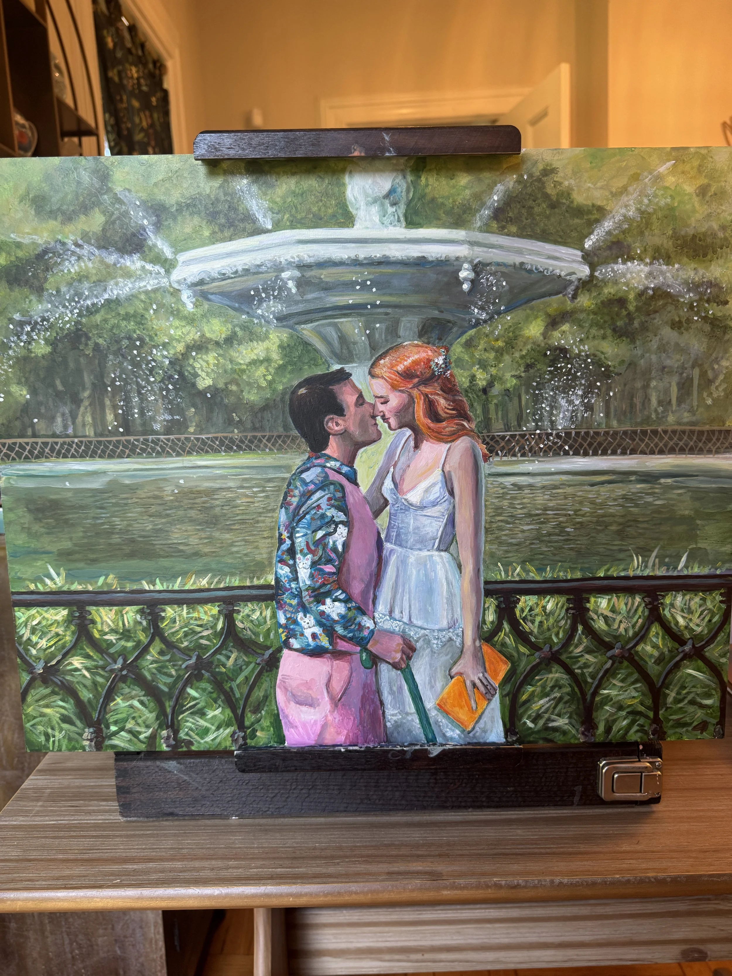 A painting of a couple standing close with their eyes closed, about to kiss, in front of a fountain in a park.