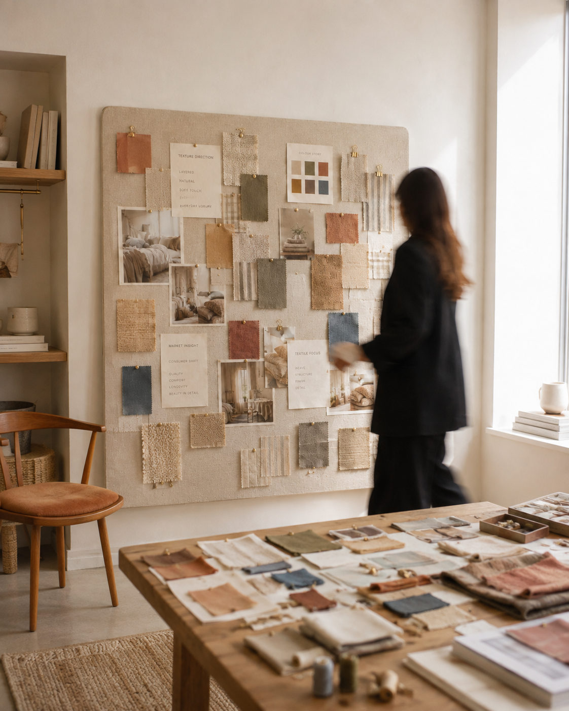 An interior design studio with fabric swatches, mood boards, and photos on a beige pinned board, a table with fabric samples, and a woman in black observing the display.