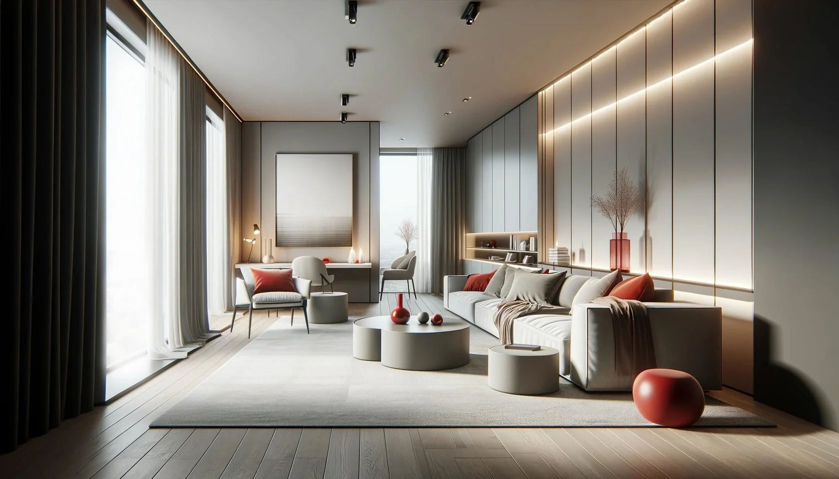 Modern living room with large window, beige sofa with red pillows, white armchair, and round coffee tables with decorative vases. Light-colored walls with built-in shelves, soft lighting, and a gray area rug on wooden flooring.