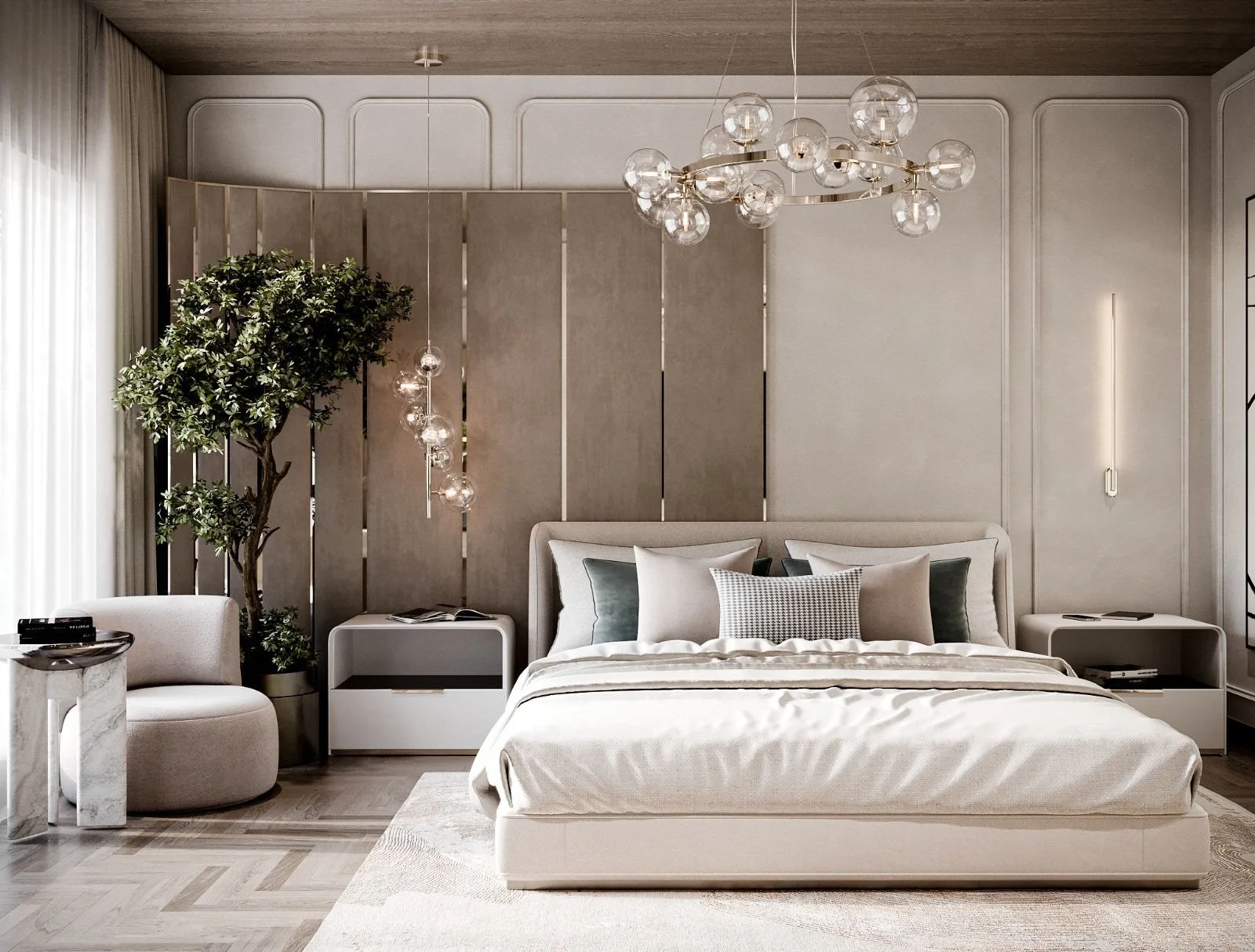 Modern bedroom with a large bed, pillows, a nightstand, chandelier, and a potted plant next to the window with curtains.