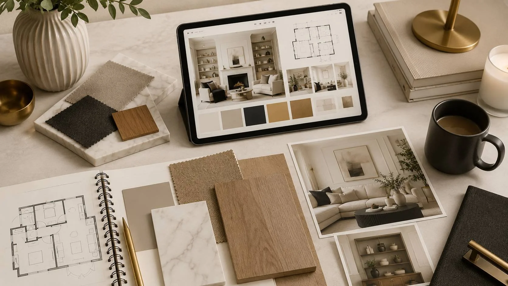 Interior design mood board with fabric and material samples, a tablet displaying interior room photos and color palette, a floor plan sketch, photographs of interior spaces, a notebook, a pen, a cup of coffee, and decorative objects on a white marble surface.