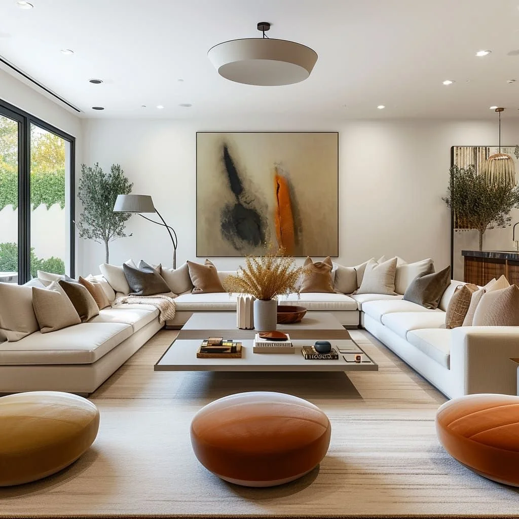 Modern living room with white sectional sofa, various brown and gray pillows, abstract artwork on the wall, large windows, plants, and a coffee table with decorative items.