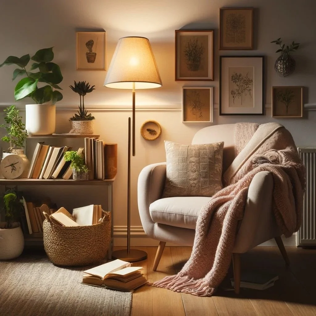 A cozy living room corner with a white armchair draped in soft pink and beige throws, a beige pillow, a floor lamp casting warm light, and a wall decorated with framed botanical artwork and a small woven basket with a plant. There are books on a side table, a potted plant, and an open book on the floor.