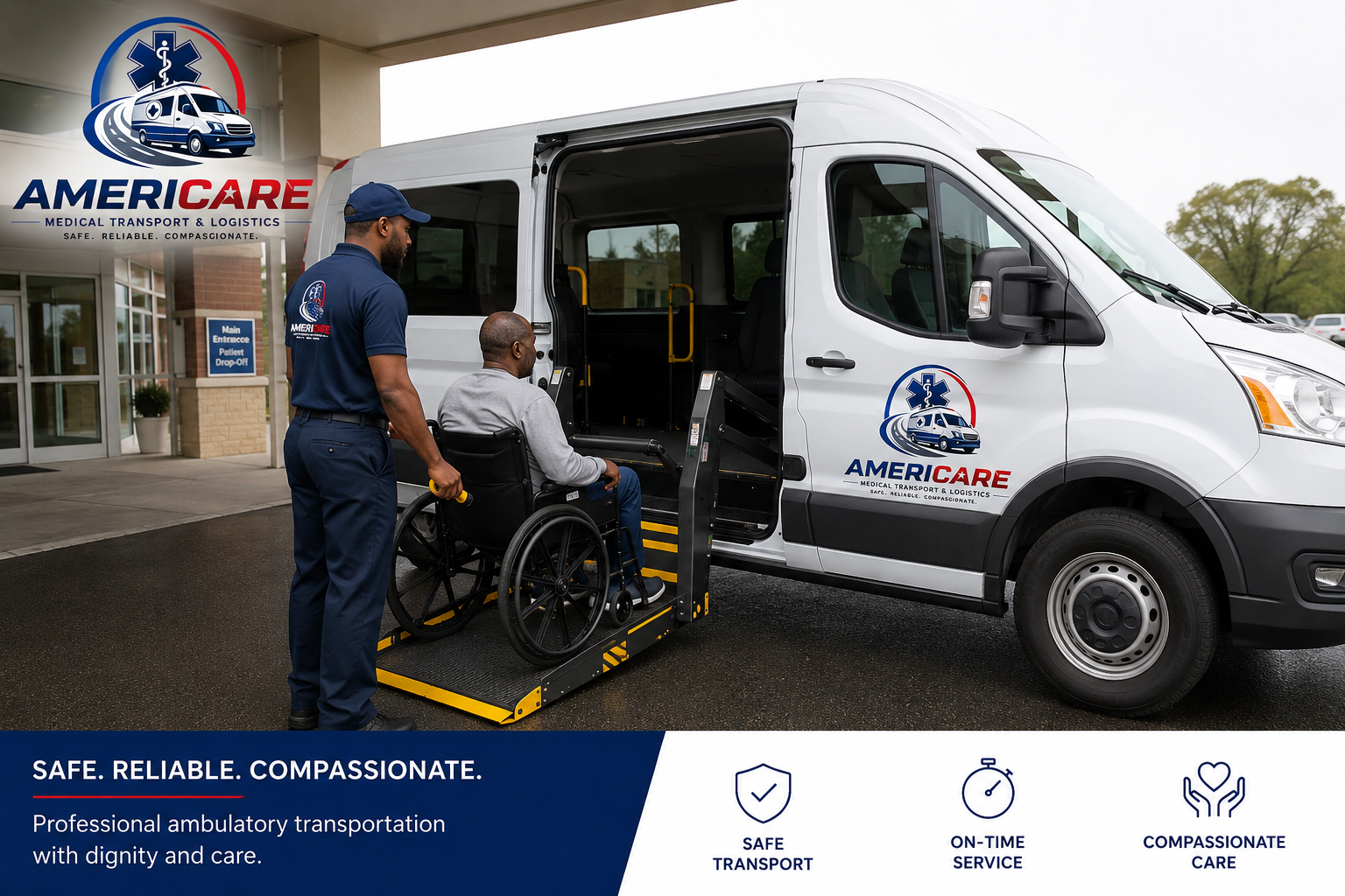 Maryland non-emergency transit driver assisting an ambulatory patient into a medical transportation vehicle.