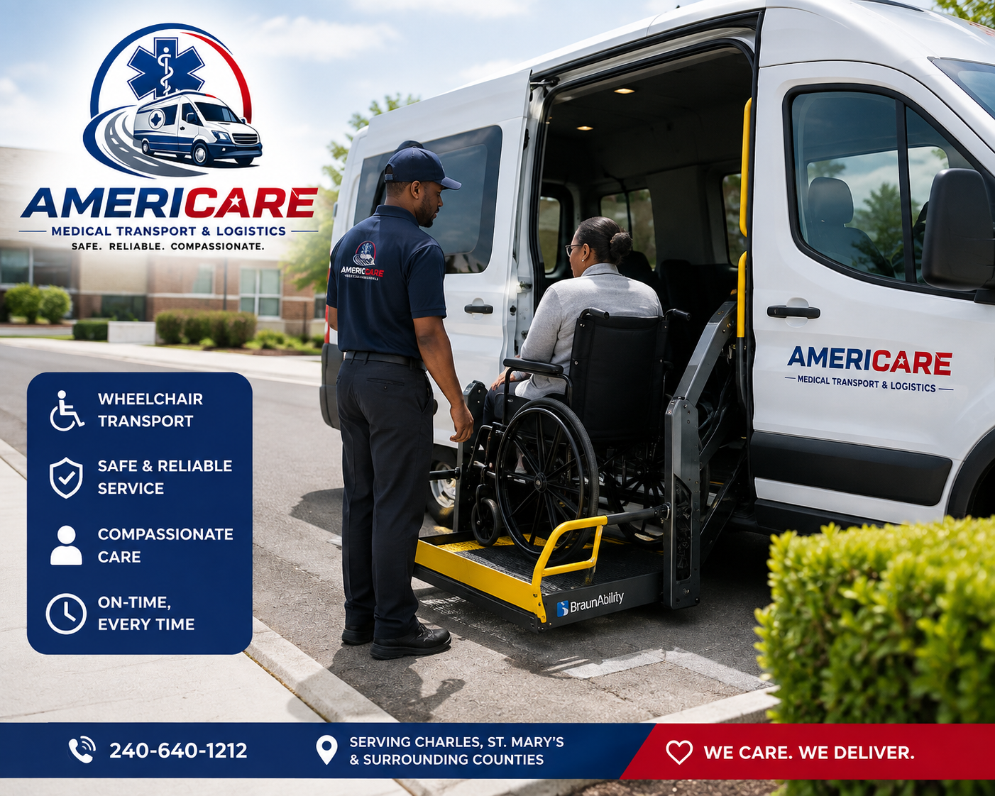 AmeriCare driver loading a wheelchair passenger into a side-entry Maryland medical transportation vehicle.