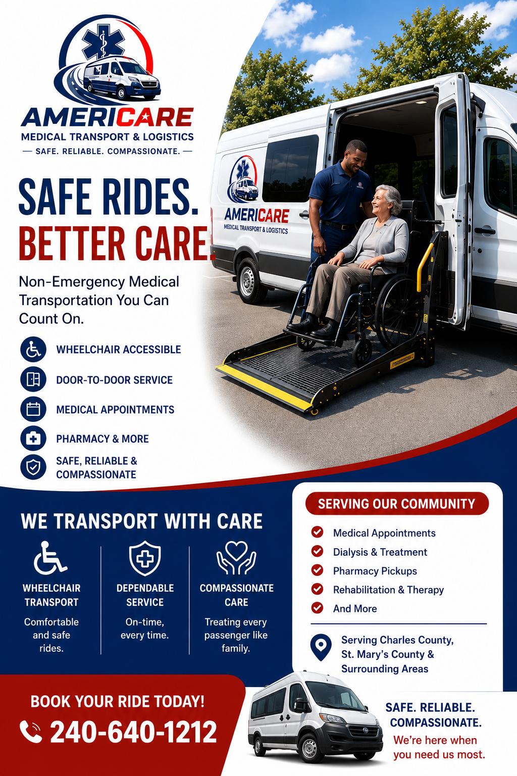 Americare Medical transportation van in Waldorf Maryland offering wheelchair accessible and ambulatory transportation services.
