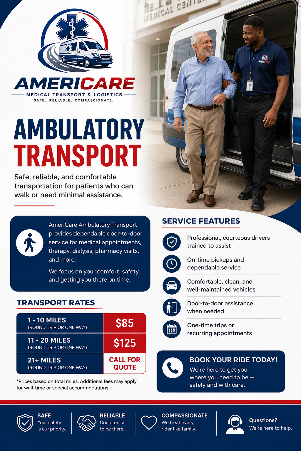 Americare showing what ambulatory transportation costs in Maryland