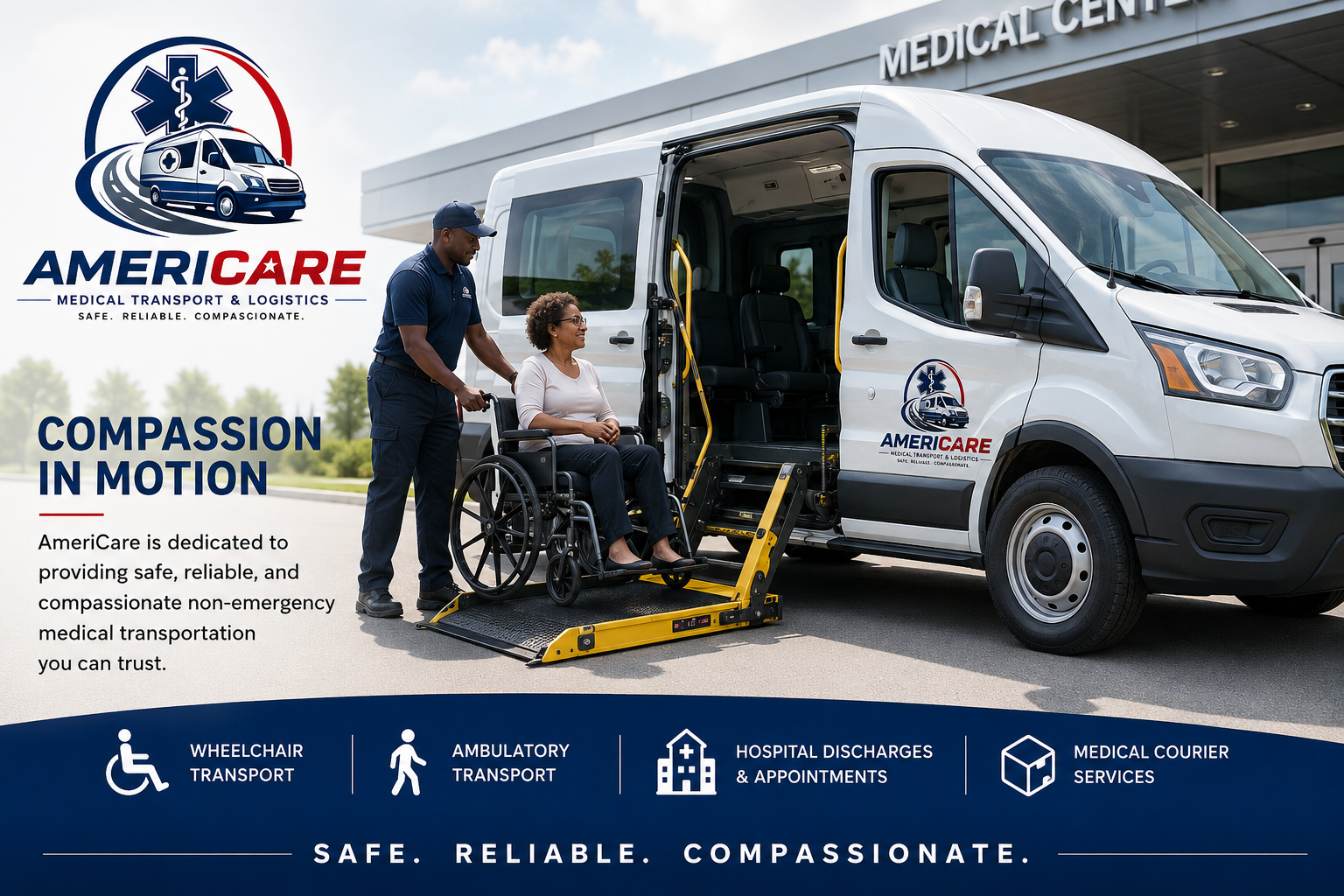 Driver helping a passenger on a wheelchair lift during a Maryland Non-Emergency medical transportation service