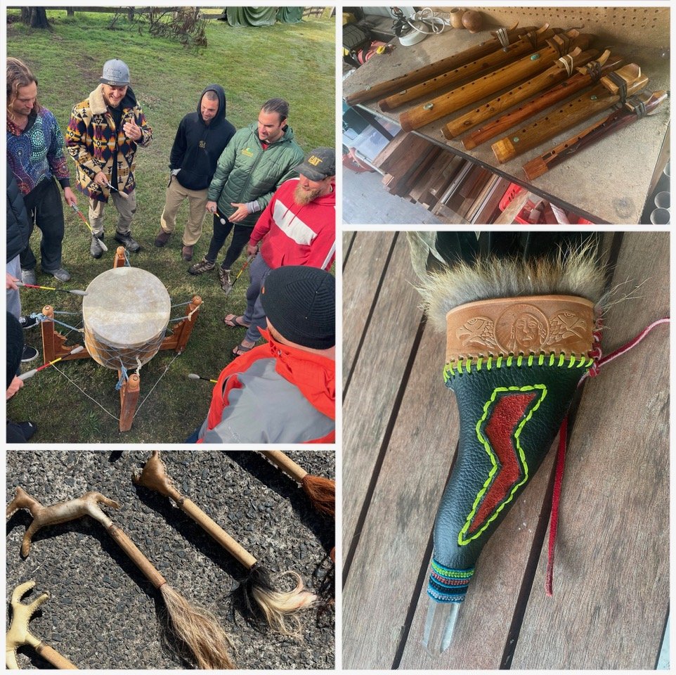 A group of people, men gathering outdoors around a drum. Traditional wooden flutes, raw hide rattles and a feather fan wing. Unique personalised art, custom designs for ceremonial and shamanic tools made to order or group workshops. Corporate program