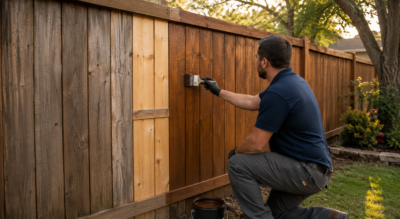 R2 worker staining an existing wood fence during fence maintenance.