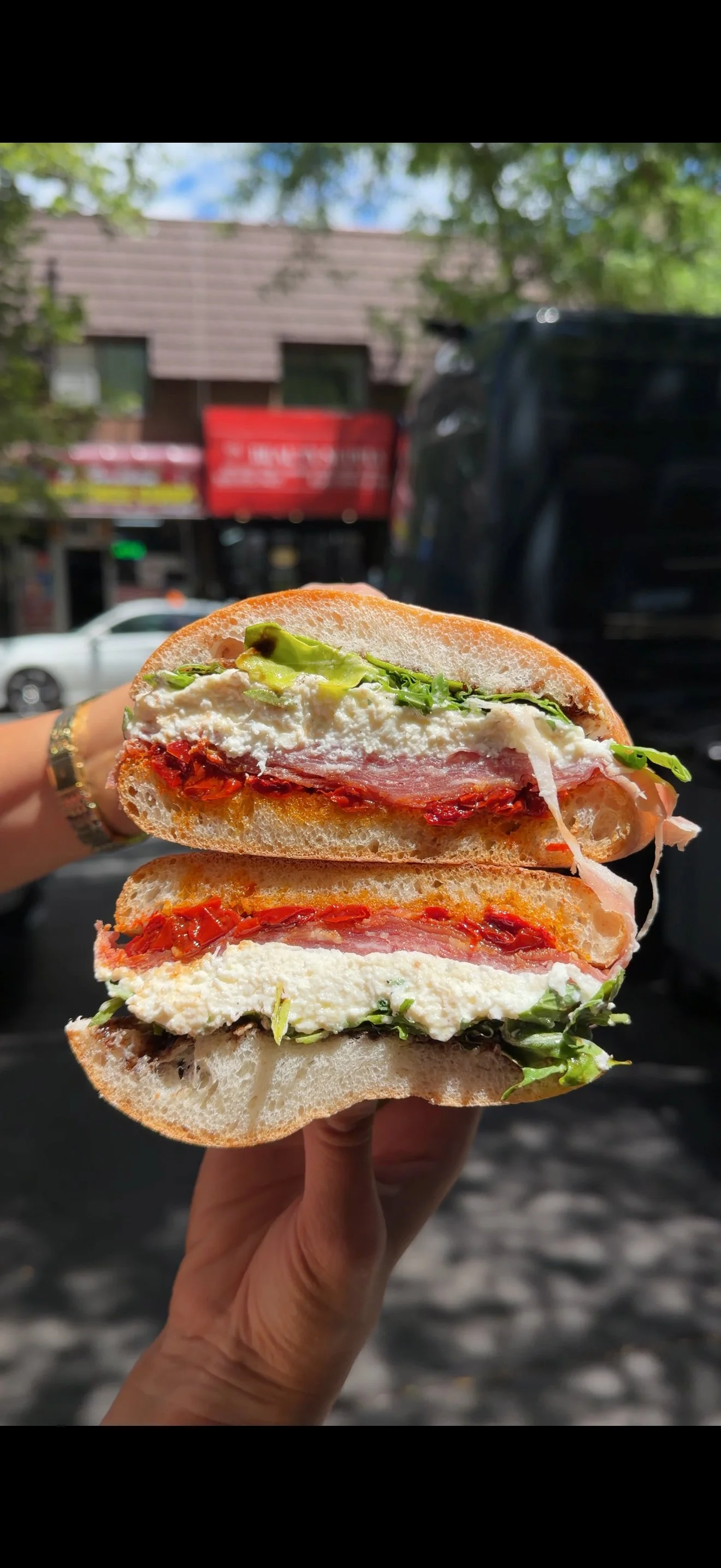 Close-up of a hand holding a sandwich cut in half, with visible layers of lettuce, tomato, cheese, ham, and bread, with a blurred background of trees and buildings.