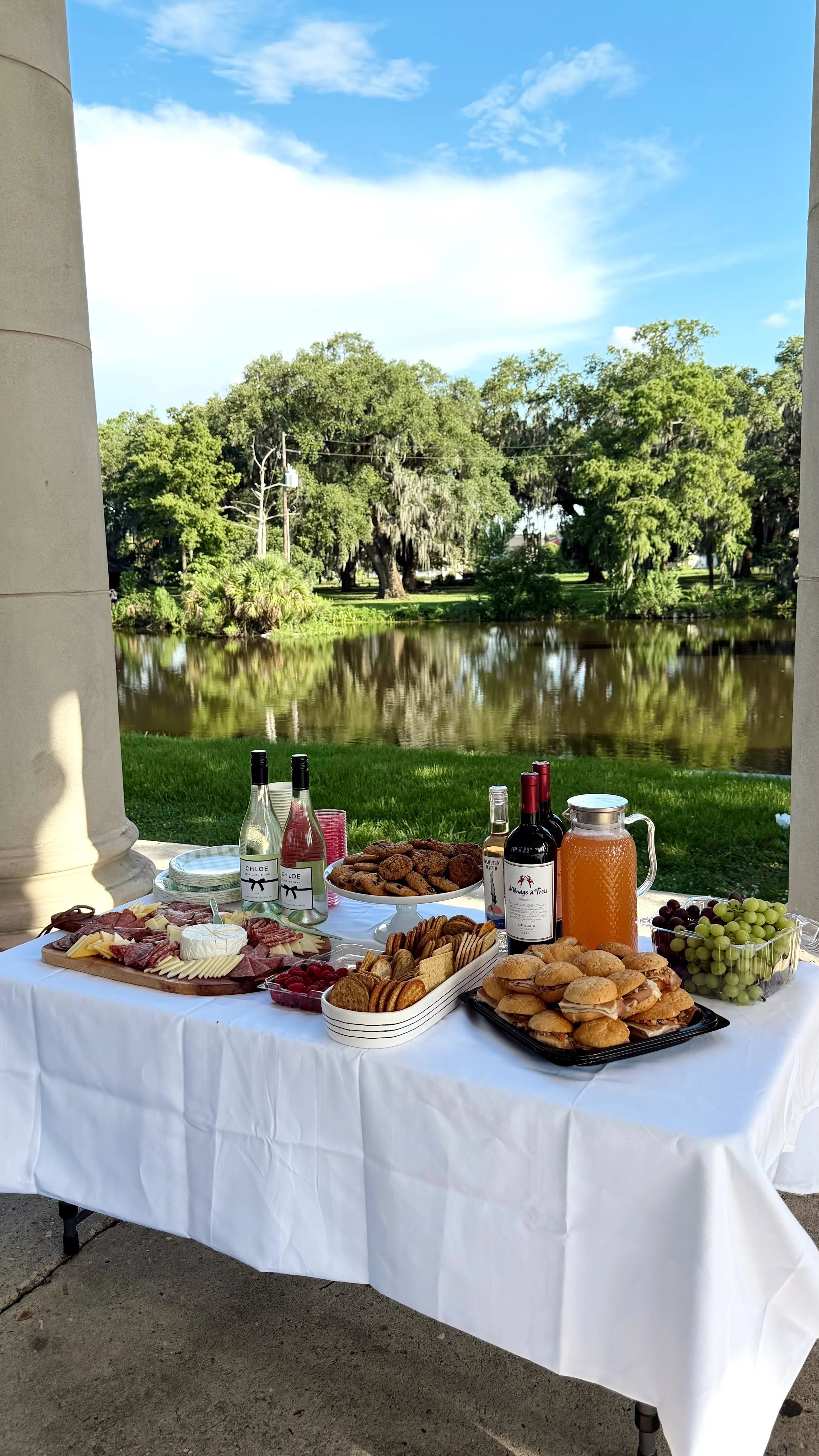Outdoor table set up with various snacks and drinks overlooking a river and trees.