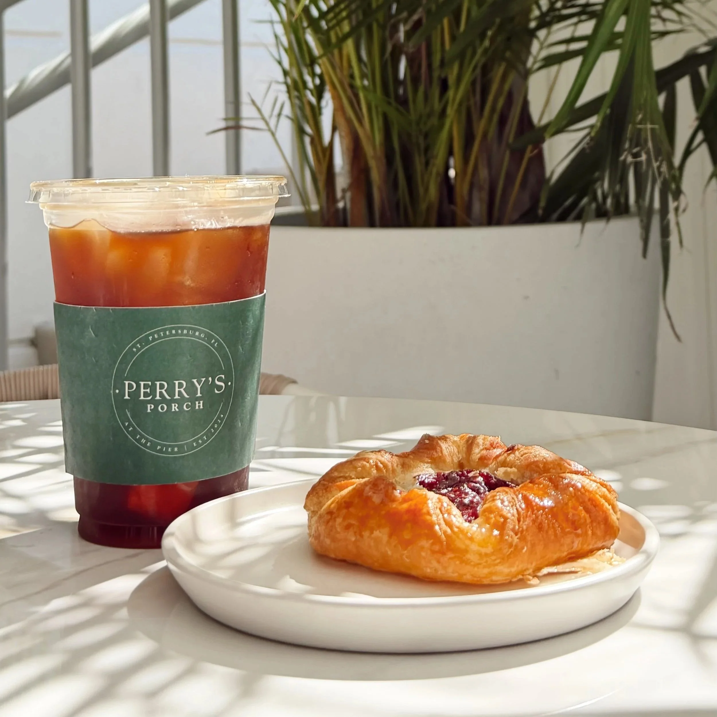 A cup of iced tea and a slice of cherry-topped cheesecake on a white plate, with a large plant in the background and sunlight creating shadows on the white surface.