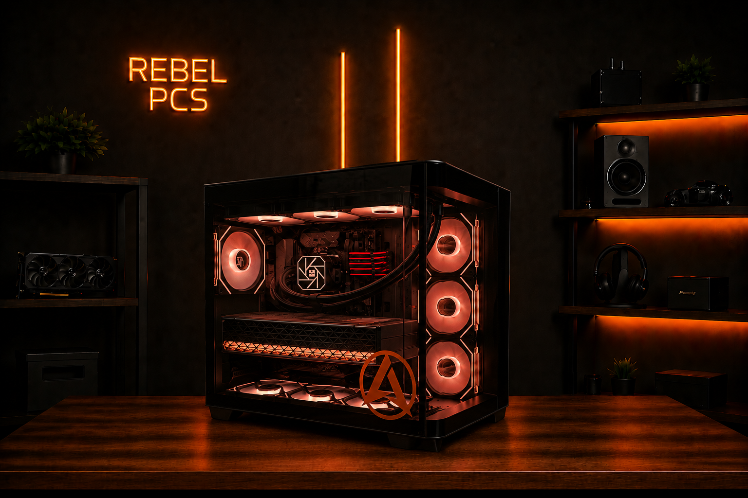A gaming computer with pink LED lights inside a glass case, placed on a wooden table in a dark room with shelves holding gaming equipment and a sign that reads "REBEL PCS" on the wall.
