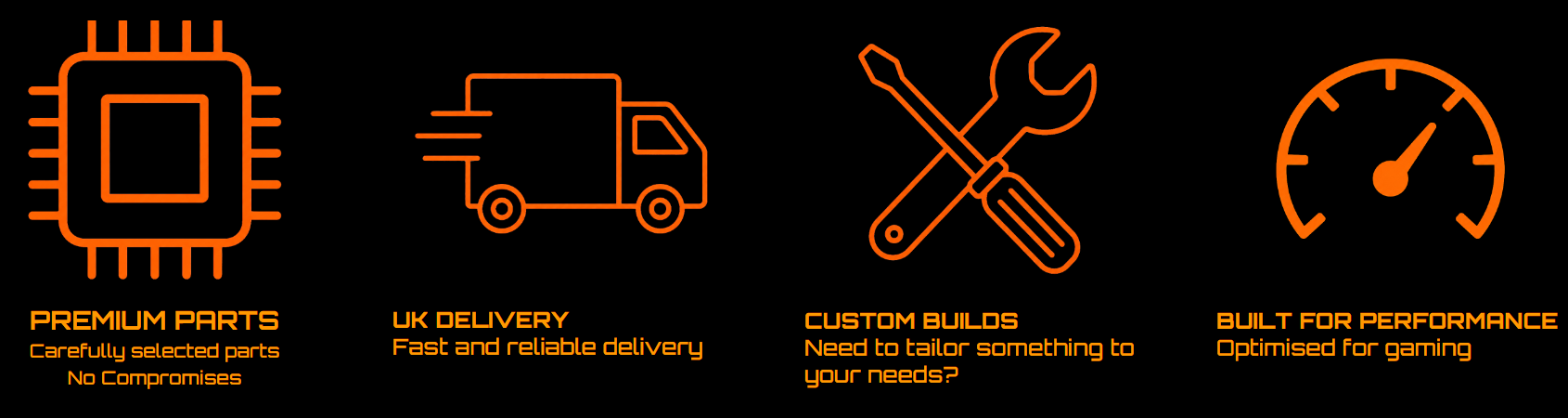Icons depicting electronic parts, delivery truck, tools, and a speedometer with descriptions: 'Premium Parts: Carefully selected parts, No compromises'; 'UK Delivery: Fast and reliable delivery'; 'Custom Builds: Need to tailor something to your needs?'; 'Built for Performance: Optimized for gaming.'